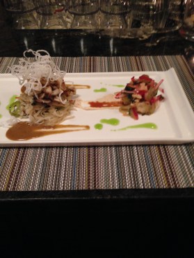 Calamari Pad Thai Shrimps and grape salad tofu puree